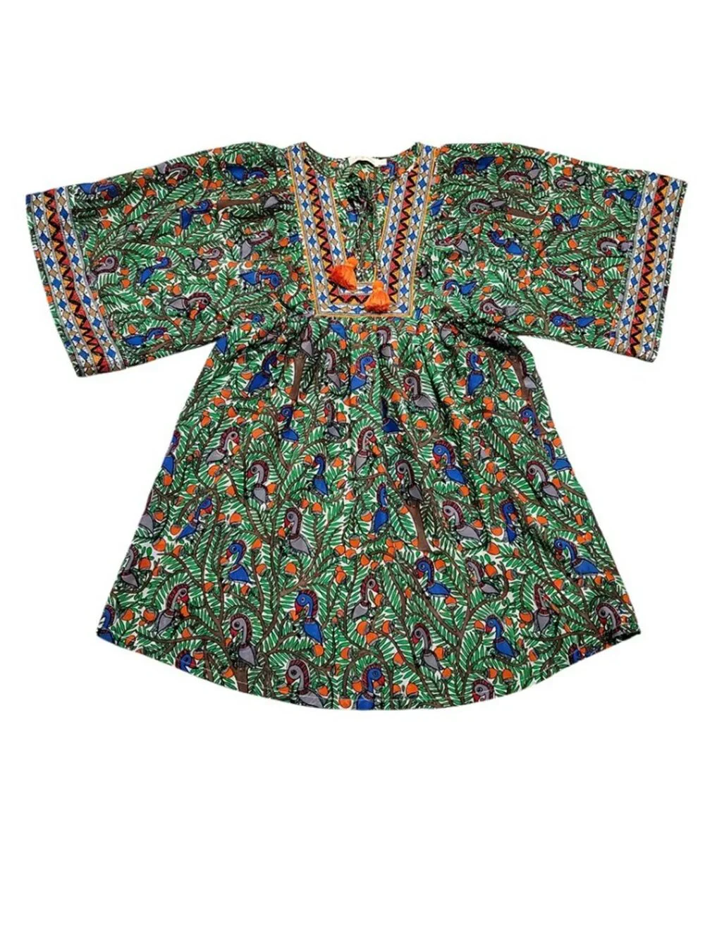 Tory Burch Cotton Silk Embroidered Tunic Mini Dress CoverUp S Short Sleeve Bird